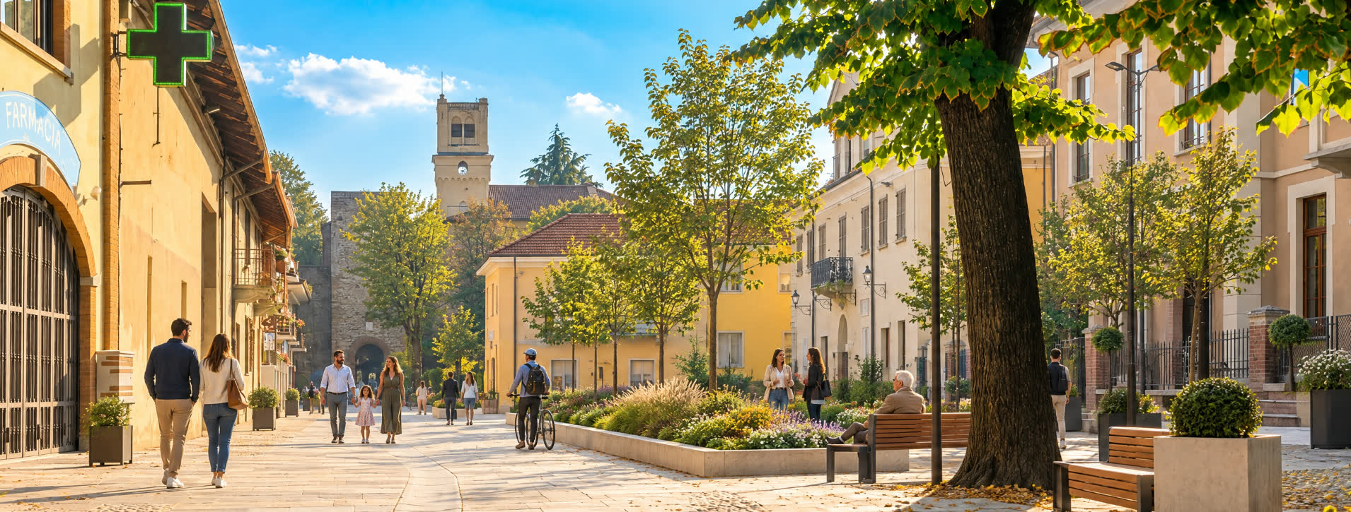 Immagine di progetto: la stessa piazza pedonale, con alberi, aiuole, panchine e persone a passeggio