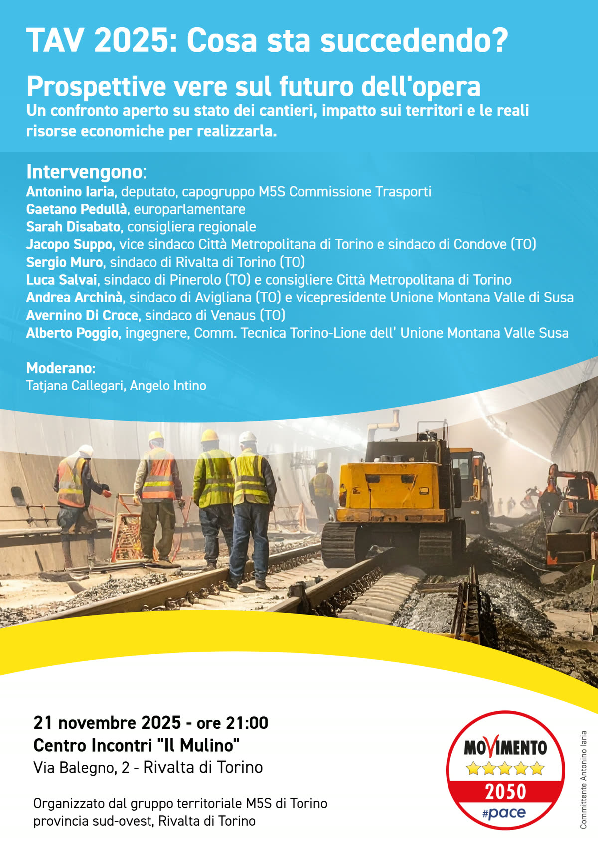 Locandina dell’incontro con Antonino Iaria, Gaetano Pedullà, Sarah Disabato e i sindaci della Valle di Susa