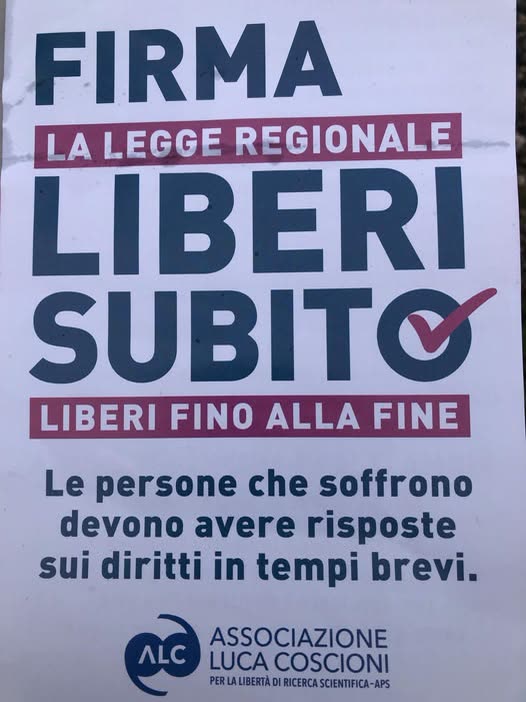 Volantino per la firma della legge regionale «Liberi Subito» dell’Associazione Luca Coscioni