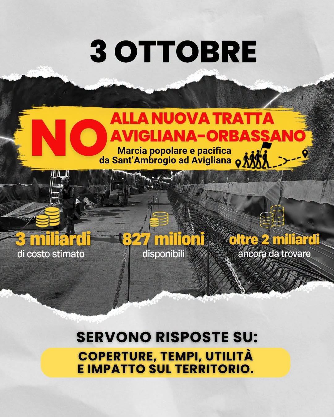 Locandina: 3 ottobre, no alla nuova tratta Avigliana-Orbassano. 3 miliardi di costo stimato, 827 milioni disponibili, oltre 2 miliardi ancora da trovare. Servono risposte su coperture, tempi, utilità e impatto sul territorio