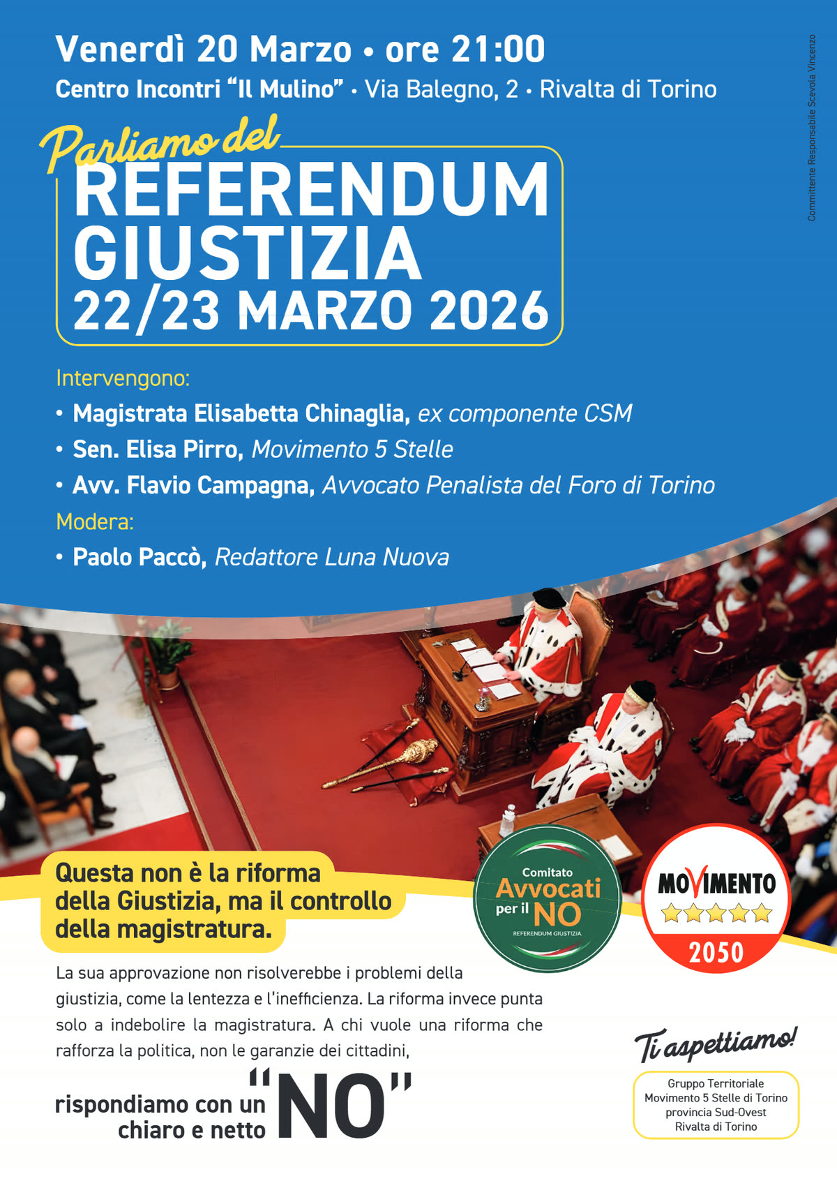 Volantino dell’incontro con Elisabetta Chinaglia, Elisa Pirro e Flavio Campagna, moderato da Paolo Paccò
