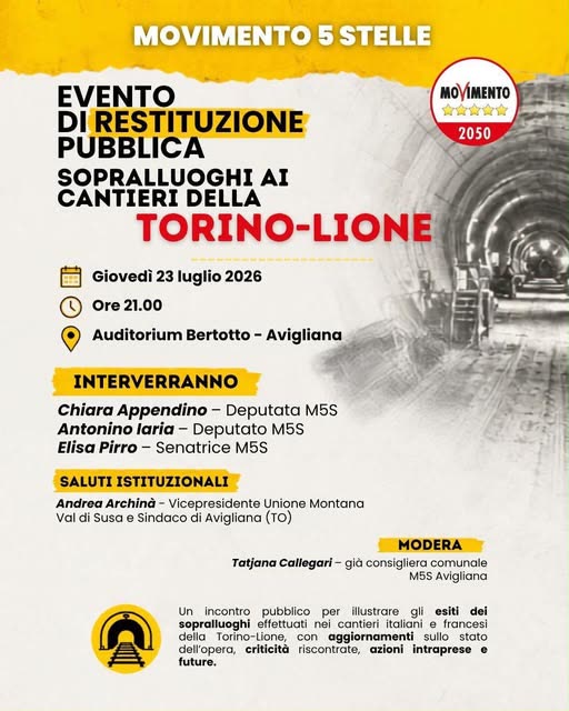 Locandina dell’evento di restituzione pubblica del 23 luglio 2026 all’Auditorium Bertotto di Avigliana